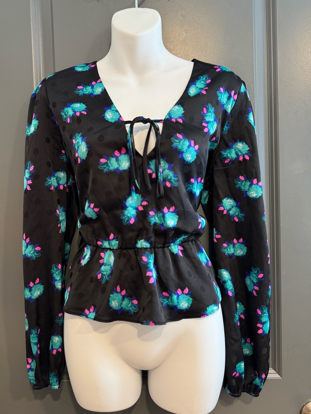 Wayf Black Floral Tie-Front Peplum Blouse with Teal & Pink Accents
